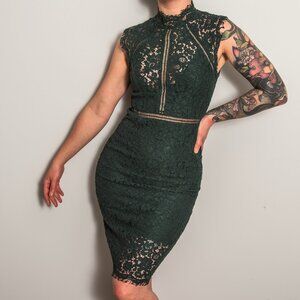 Bardot Lace Forest Green Sheath Cocktail Party Midi Dress